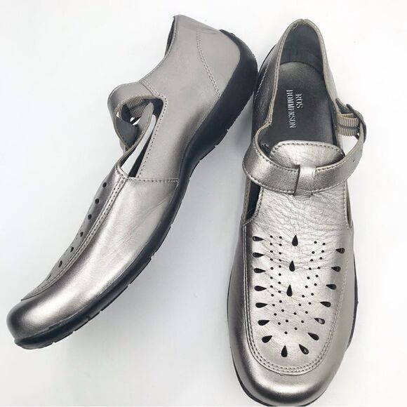 Ros Hommerson CAMEO Metallic Pewter Perforated Fisherman Loafer Sandals - Picture 6 of 16